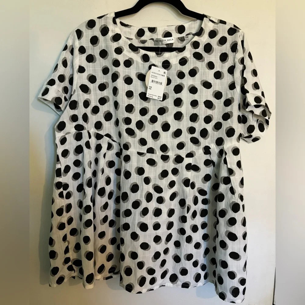 NWT Patrizia Luca Milano Womens Black White Dot Oversized S/M Short Sleeve Woven